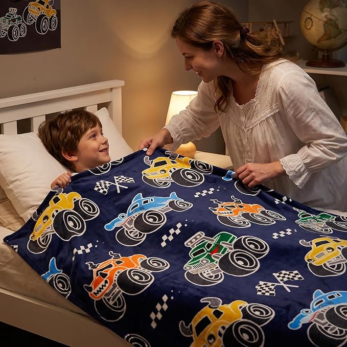 Monster Shark Truck Blanket, Cars Truck Toys Gifts for Boys Age 3-12, Glow in the Dark Blankets for Toddler Boys, Construction Tractor Fleece Throws for Travel Daycare Nap Room Decor, 40x60 inches