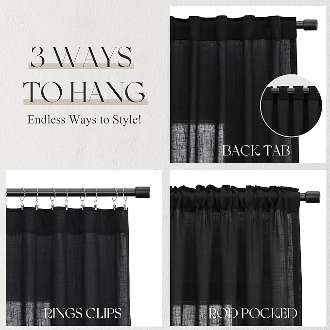 Jowels Black Linen Curtains 90 Inch Long 2 Panels for Living Room | Light Filtering Semi Sheer Curtain, Back Tab Pocket Pleated Look, Boho Farmhouse Textured Privacy Drapes for Bedroom Window