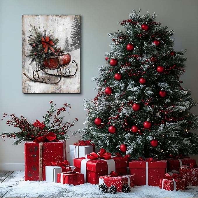 Vintage Framed Canvas Christmas Wall Art Decor 8x12, Farmhouse Red Christmas Prints Winter Paintings for Wall Sleigh Sled Art, Rustic Mantel Decoration, Country Winter Pictures