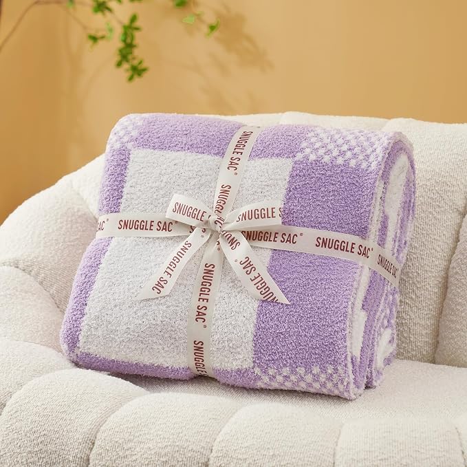 Snuggle Sac Checkered Blanket, Lilac Purple Throw Blanket for Couch Plaid Microfiber Fluffy Warm Cozy Fuzzy Soft Throw Blanket Reversible Checkered Blankets for Sofa, Bed, 60x80 inches