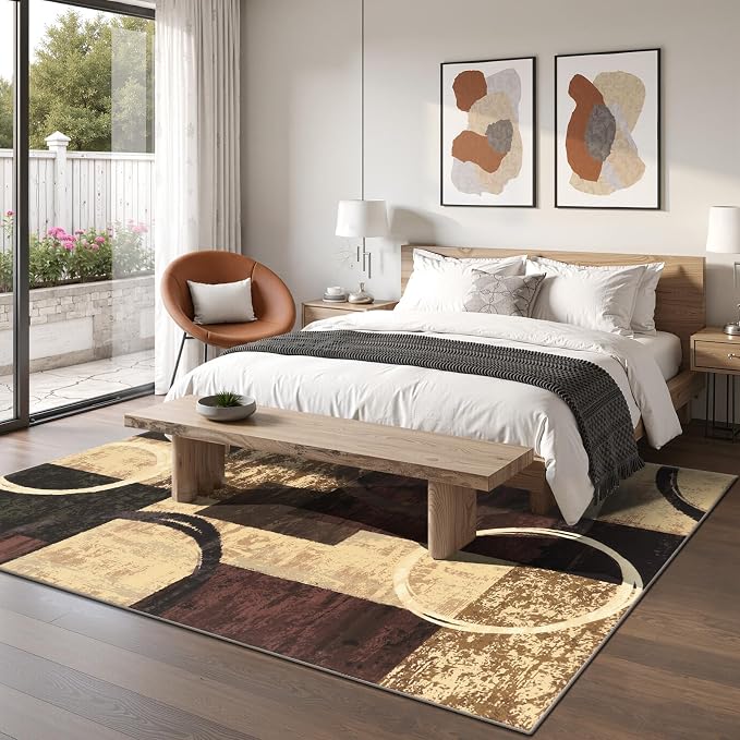Yamaziot 5x7 Washable Modern Abstract Area Rug Non-Slip Living Room Rug | Stain Resistant, Low Pile, Ultra Soft Carpet Rug with Rubber Backing for Dining Room, Nursery, Bedroom, Office, Brown