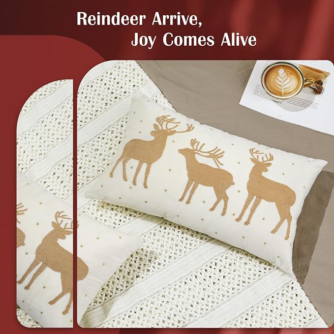 Lewondr Christmas Soft Velvet Throw Pillow Cover, Beige, 2 Pack, 12"x20" | Deers Embroidery, Decorative Throw Pillow Case, 30x50cm, Soft Velvet, Embroidery Cushion Cover, For Bed Sofa Chair Home