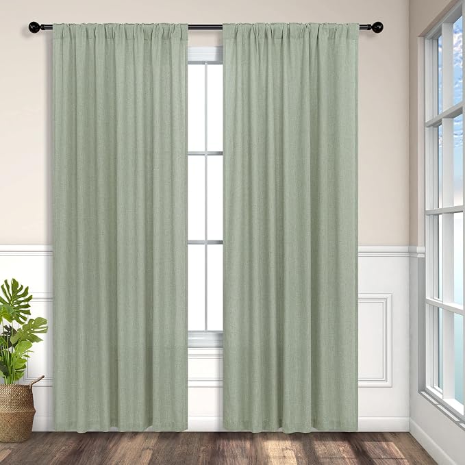 Sage Green Curtains 72 Inch Length for Bedroom 2 Panel Set Rod Pocket Back Tab Drapes Semi Sheer Light Reducing Linen Blend Woven Light Green Curtain for Living Room Dividing Closet Laundry 52X72 Long