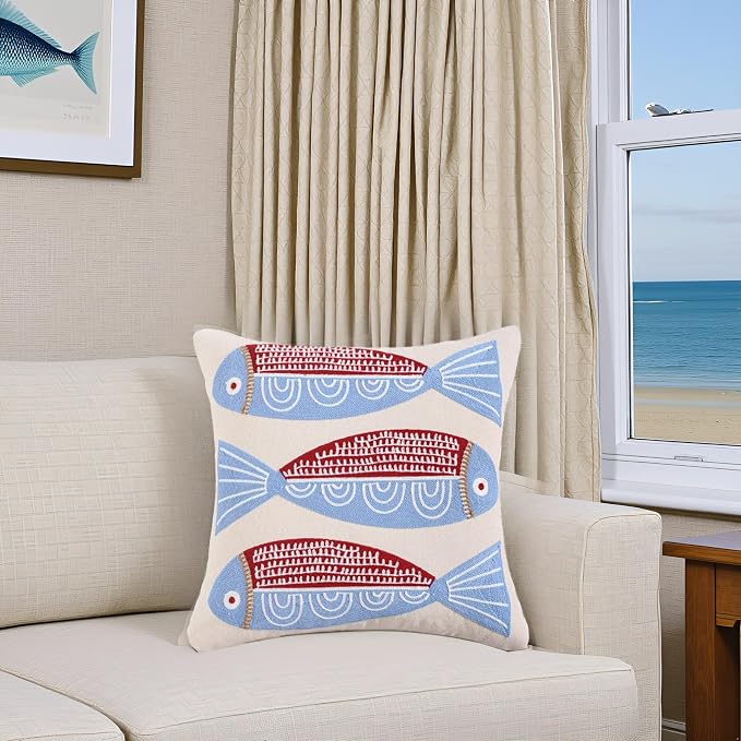 LUOYEHK Summer Embroidered Throw Pillow Covers 18x18 Inch Pack of 2 Coastal Canvas Beach Cushion Covers for Couch Sofa Bed Living Room (Red Fish)