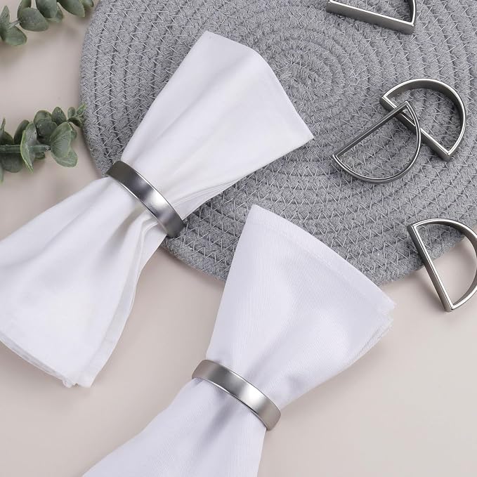 Wonlex Napkin Rings Set of 8, Metallic Silver Napkin Ring Holder Glossy Serviette Buckles for Wedding,Banquet, Dinner,Party,Table Settings (Matte Silver Semicircle)
