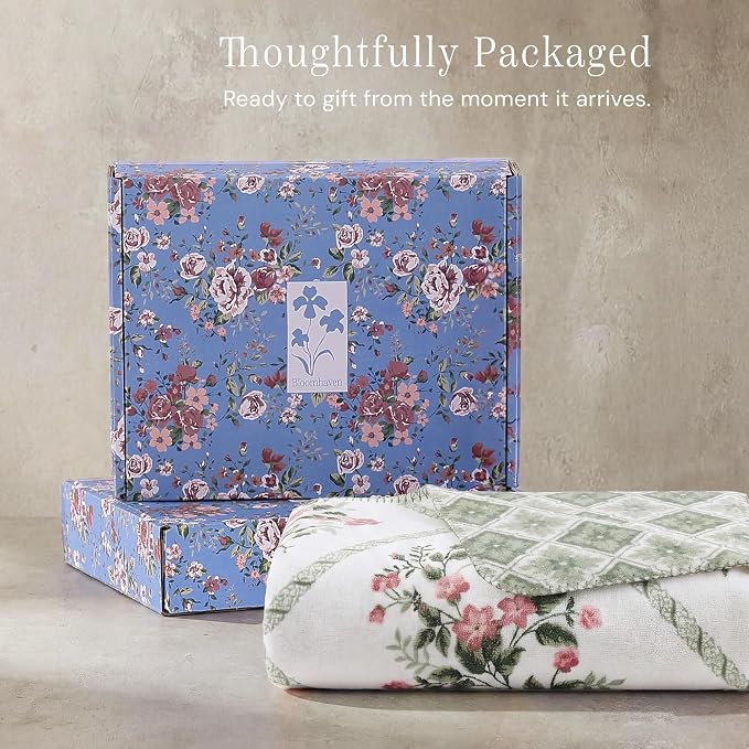 Floral Reversible Throw Blanket for Couch-Coco Flannel Soft Bed Blankets | Luxuriously Warm Fluffy Decor for Women, Mom, Her & Girls, Plush Throw for Sofa, Chair, 60x80in, Herb Green