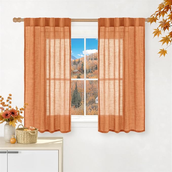 Burnt Orange Short Linen Curtains 45 Inch Length 2 Panels | Semi Sheer Light Filtering Panels, Kitchen, Curtains for Windows, Loft Room, Back Tab Rod Pocket, Country Decor, 34 x 45 Inch