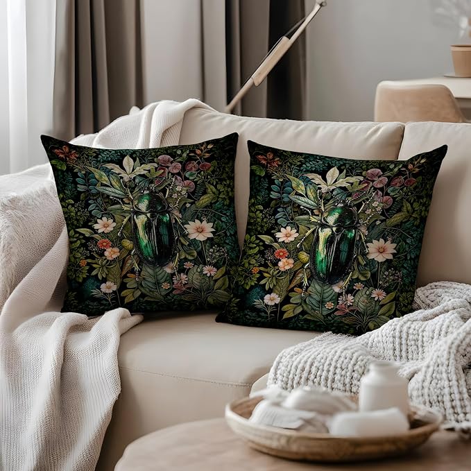 Vintage Green Botanical Beetle Pillow Covers 18x18, Dark Cottagecore Decor, Dark Academia Gothic Moody Insect Decorative Throw Pillow Covers for Home Bedroom Living Room