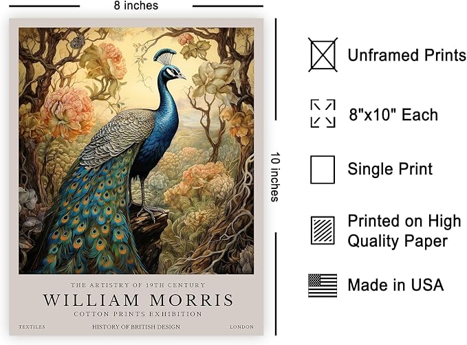 Poster Master Peacock Print - William Morris Poster - Flower & Animal Illustration - Botanical Exhibition Wall Design - Floral Bird Artwork - Aesthetic Office or Bedroom Decor - 8x10 UNFRAMED Wall Art