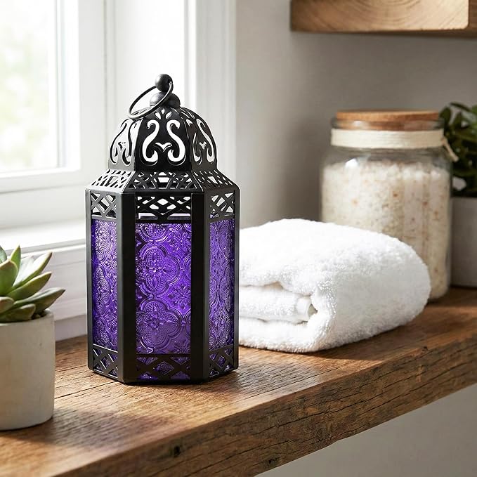 Vela Lanterns Decorative Indoor Moroccan Candle Holder Lamp, Purple, S | Gothic Home Decor, Whimsigoth Iron Goth Lamp, Hanging Witch Bedroom, Halloween Centerpiece, 8.5" Tall