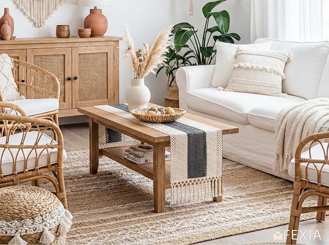 FEXIA Boho Table Runner with Tassels for Home Decor 12x72 Inches Grey | 72 Inches Long Modern Farmhouse Rustic Burlap Table Decoration for Bedroom Living Dining Room Baby Shower Autumn Decor