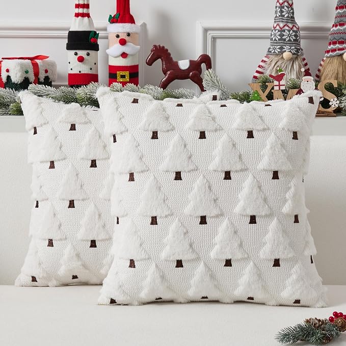 UGASA Christmas Decorative Pillow Covers 16x16 Inch Soft Plush Faux Fur Jacquard Throw Pillows Pillowcases for Couch Sofa Holiday Festivals Winter Home Decor Set of 2 Cream