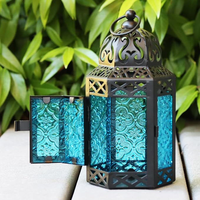 Vela Lanterns Decorative Indoor Moroccan Candle Table Centerpieces, Blue, S | Moroccan Lamp, Hurricane Glass Candle Holder, Patio Porch Decor, Arabian Nights Ramadan Centerpiece, Set of 2