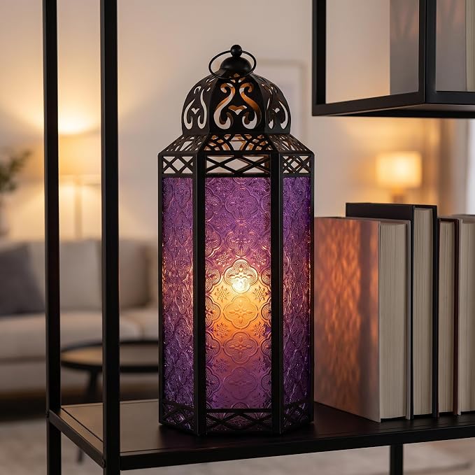 Vela Lanterns Decorative Indoor Tall Floor Candle Holder, Purple, XL | Extra Large Gothic Whimsigoth Decor, Moroccan Lantern, Halloween Witch Lamp, Indoor Outdoor Patio, 16.3" Tall