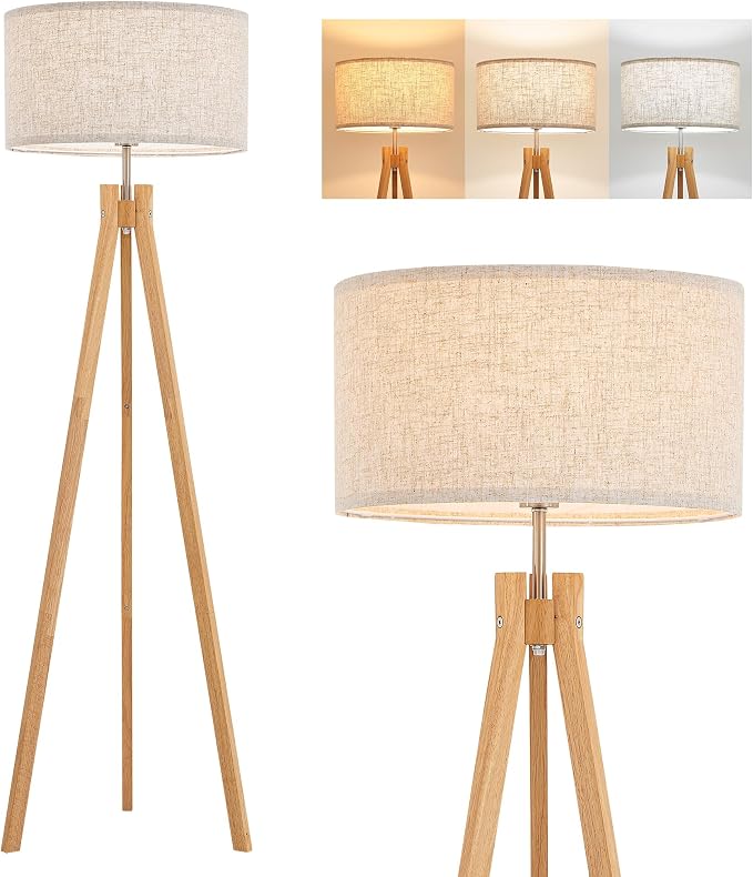 ELYONA Nordic Wood Tripod Floor Lamp, Modern Reading Standing Lamp for Living Room 3 Color Temperatures LED Bulb Included Flaxen Lamp Shade, Boho Natural Wooden floor lamp for Bedroom Office Kids Room