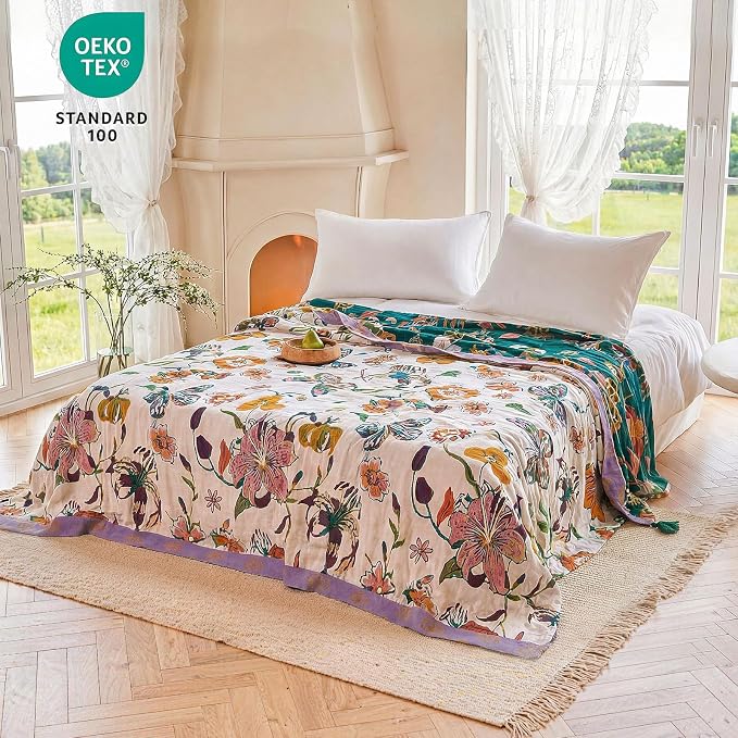 MSGKV Boho Throw Blanket 60"x80" 100% Cotton Floral Blanket for Bed Couch | Super Soft Muslin, Everyday Comfort, Breathable, Lightweight, Farmhouse Decor, Twin Size, All Seasons, Machine Washable