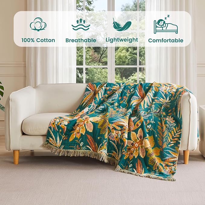 MSGKV Boho Throw Blanket 50"x60" Cotton Summer Floral Blanket for Couch | 100% Cotton Muslin, Floral Throw Blanket, Reversible Weave, Soft & Breathable, Botanical Home Decor, Machine Washable