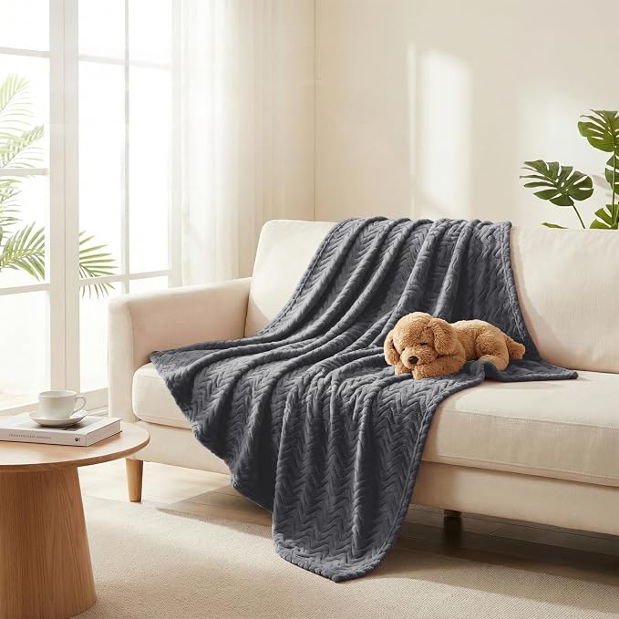 Exclusivo Mezcla Soft Fleece Blanket Queen Size for Bed, Sofa, Dark Grey | 90"x90" Breathable Lightweight Flannel Blanket for Summer, Plush Cozy Jacquard Wave for Home Decor