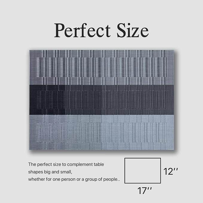 Placemats Set of 4 - Easy Clean Woven Vinyl Placemats for Dining Table, Indoor/Outdoor Place Mats, Washable PVC Table Mats （Silver Gray Black）