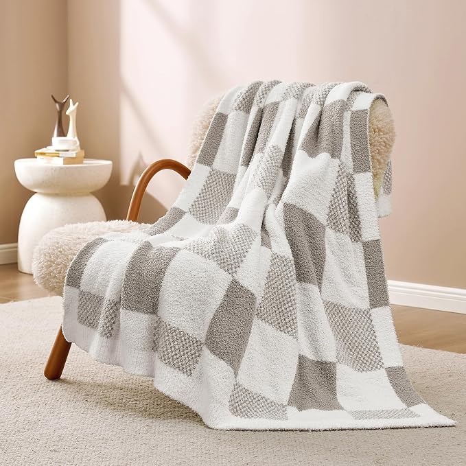 Snuggle Sac Checkered Blanket, Grey Throw Blanket for Couch Checker Microfiber Fluffy Warm Fuzzy Cozy Soft Throw Blanket Reversible Checkered Blankets for Sofa, Chair, Bed, 60x80 inches