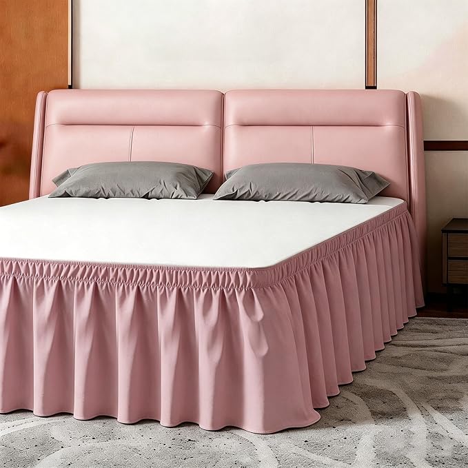 ANARACHON Queen Bed Skirt, Elastic Wrap Around Bed Skirt Queen Size, Bed Skirts for Adjustable Bed, Easy Fit with 18" Drop Length Tailored Drop Dust Ruffle (Pink)