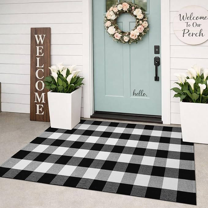 KILOCOCO Buffalo Plaid Checkered Rug 3x5 ft Black White Front Door Rug | Machine Washable Front Porch Rug, Outdoor Indoor Entryway Rug, Cotton Layered Doormat, Low Pile Rugs for Kitchen Patio