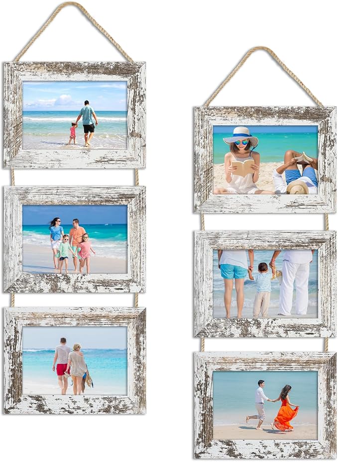 4x6 Collage Picture Frames Set of 2, Rustic Wooden Real Glass Horizontal Hanging 3 Opening 4 by 6 Photo Frame, Distressed White