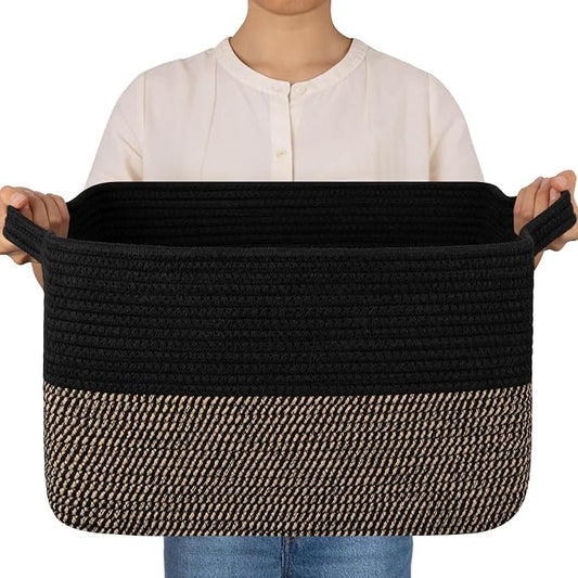 OIAHOMY Woven Storage Basket for Shelves, Rectangle Cotton Rope Baskets for Organizing, 16 x 12 x 10 in, Storage Bins for Dog Toys,Towel,Books,Gift,Black and Brown