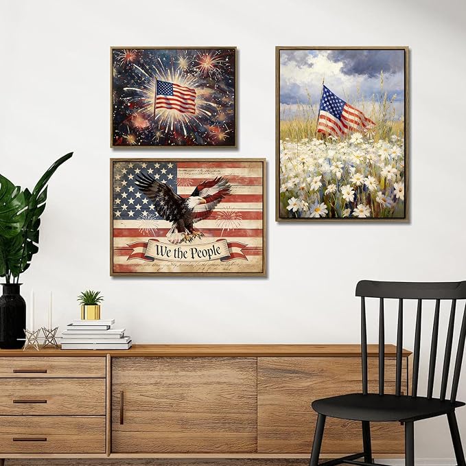 American Flag Framed Canvas Wall Art, 4th of July Patriotic Canvas Prints | USA Flag with Bald Eagle Poster Print, Vintage Independence Day Wall Decor for Bedroom Living Room 16×20in