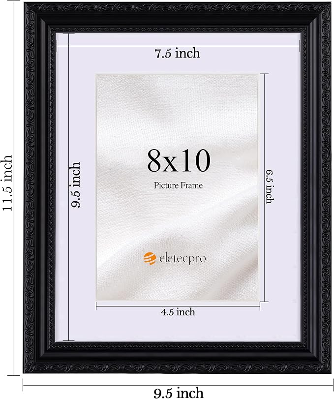 eletecpro 8x10 Vintage Picture Frame, Glass Cover, Black, 2-Pack