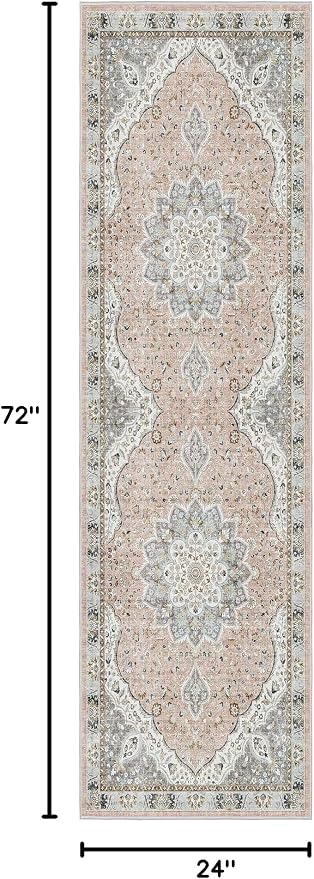 Madane Washable Runner Rug 2x6 Runners for Hallways Non Slip, Pink/Gray | Vintage Stain-Resistant 6 Feet Kitchen Rug, Soft Low-Pile Ultra-Thin Floor Carpet Mat for Bathroom Laundry Room Bedroom 2x6ft