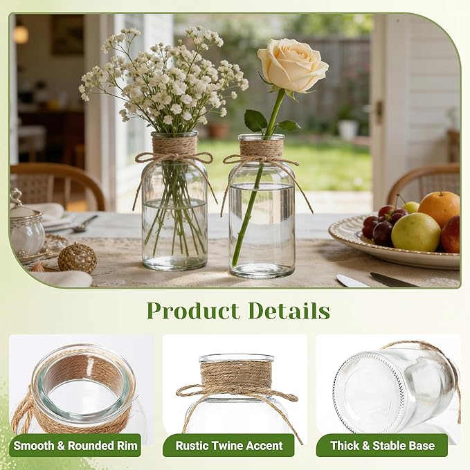 Mason Jar Glass Vases 6 Pack, Clear Flower Vase for Centerpieces | Rustic Farmhouse Home Decor, Bud Vase with Twine, Wedding Table Decoration, Boho Floral Arrangement, Vintage Jars Bulk