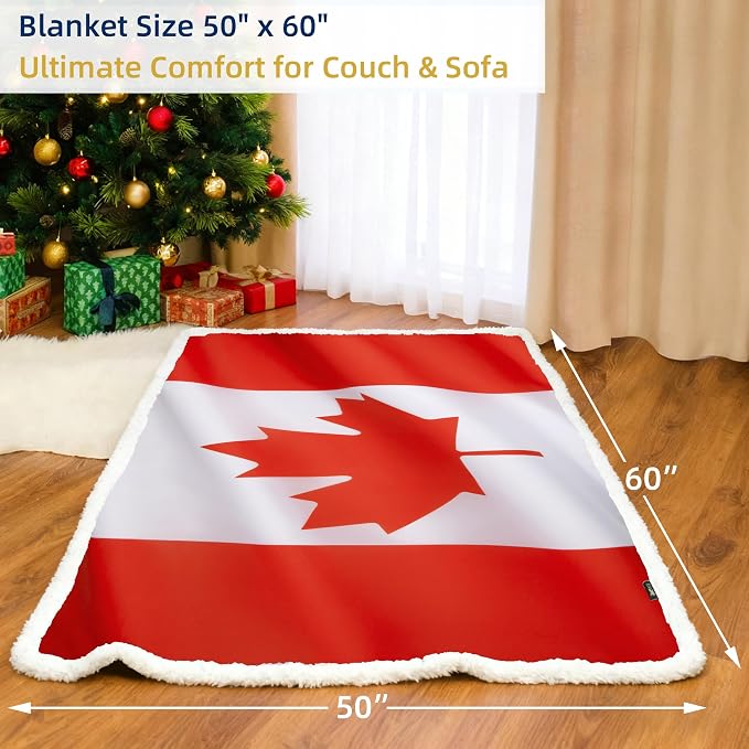 Catalonia Sherpa Fleece Blanket,Canada National Flag Maple Leaf Print Patriotic Plush Super Soft Warm Reversible Polar Throws for Couch Bed 60” x 50”