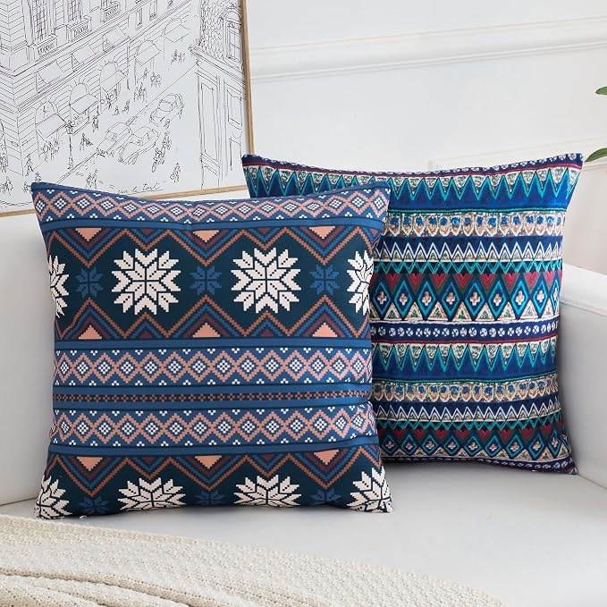 Couch Bohemian Double-Sided Patterned Throw Pillow Covers 18X18 Inch Set of 4 Square Farmhouse Decorative Cushion Covers BOHO Vintage Pillow Cases For Sofa Living Room Bedroom Outdoor Patio Porch