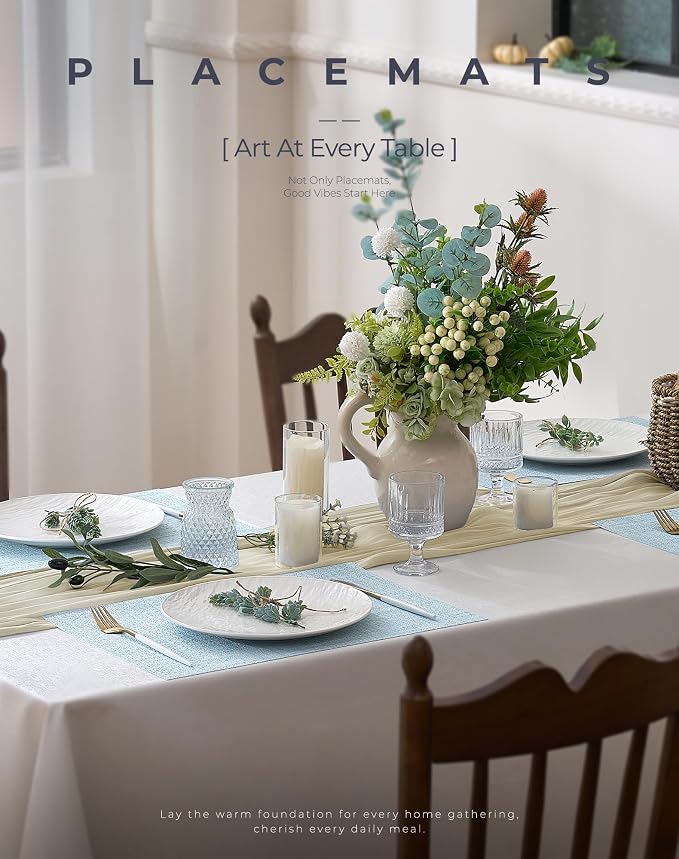 Leetaltree Soft Sky Blue Woven Placemats Set of 12 - Heat Resistant Non-Slip Place mats for Dining Table, Washable Durable PVC Vinyl Woven Table Mats(Sky Blue, 12)