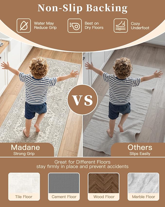 Madane Washable Kitchen Rug Set of 3 Small Area Rugs Non-Slip, Beige/Brown | Vintage Hallway Entryway Door Mat Indoor Entrance Low Pile Floor Carpet Runner for Inside Front Entry Laundry 2x3+2x4+2x5