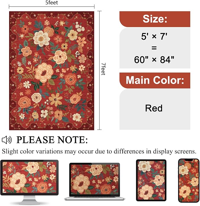 DUKINO 5x7 Area Rugs, Floral Washable Rug for Living Room Non Slip, Red | Soft, Low Pile, Stain Resistant Indoor Rug for Bedroom, Dining Room, Office, Pet Friendly, Lightweight, Modern Home Decor