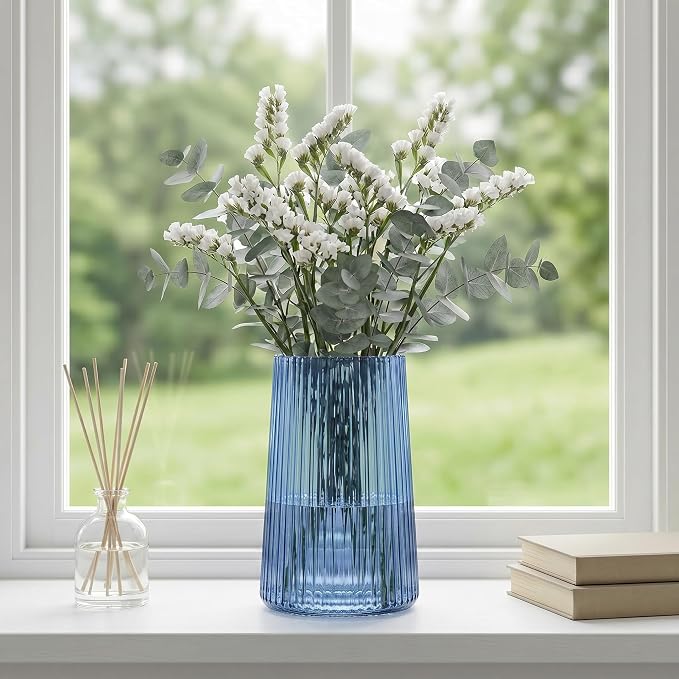 Blue Glass Vase for Flower, Flower Vase for Bouquet, Modern Glass Vases, Ribbed Vases for Living Room, Bedroom, Dining Table, Office, Wedding, Centerpieces, 8 Inches