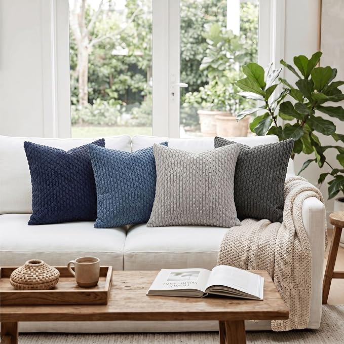 Fancy Homi 2 Packs Navy Blue Decorative Throw Pillow Covers 22x22 Inch for Couch Bed Sofa, Modern Farmhouse Boho Home Decor, Soft Cute Plush Corduroy Cushion Case 55x55 CM