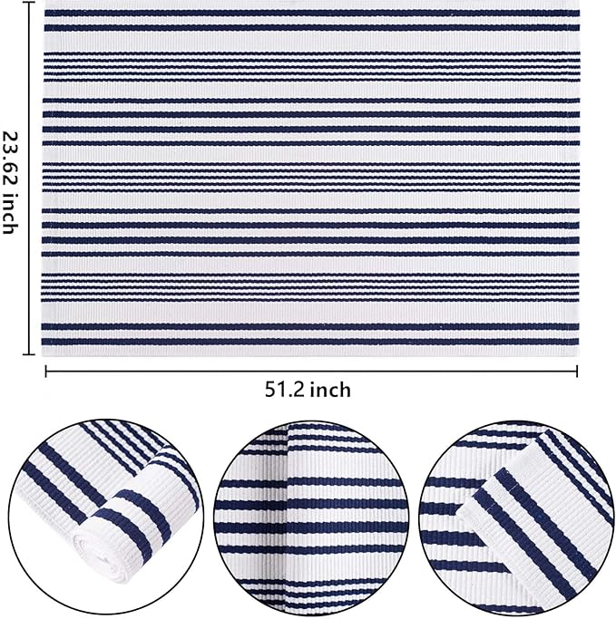 Blue and White Outdoor Rug 24'' x 51''Front Porch Rug Hand-Woven Machine Washable Indoor Layered Door Mats for Entryway/Bedroom