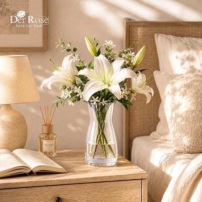 Der Rose 8" Iridescent Flower Vase Small Glass Vase for Entryway Decor Gift | Glossy Rainbow shimmer, translucent sturdy glass, giftable, elegant vase for centerpiece table wedding home decor