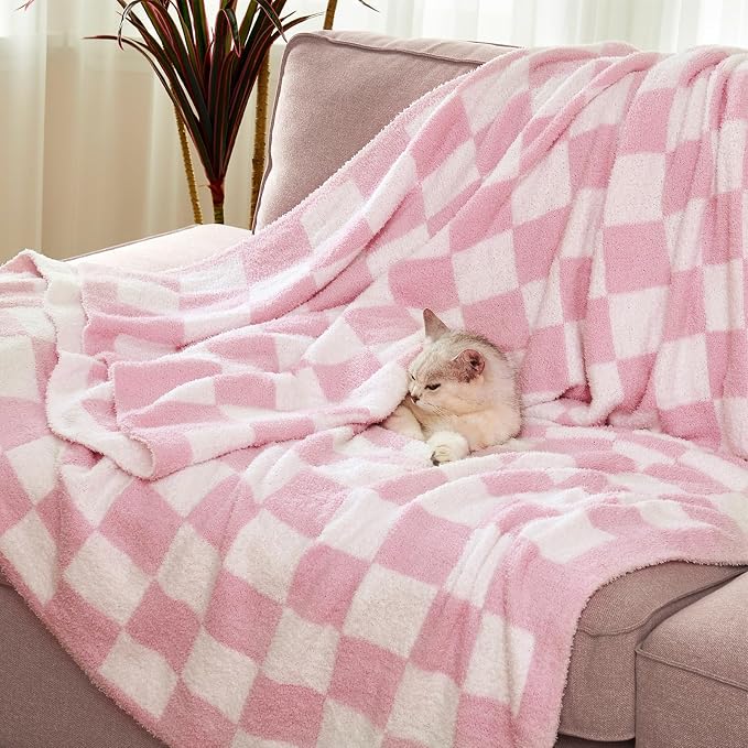 Checkered Throw Blanket for Couch, Soft Cozy Warm Knitted Blankets | Lightweight Fuzzy Travel Warm Decor for Women, Mom, Girls, Sofa, Chair, 60x80in, Pink