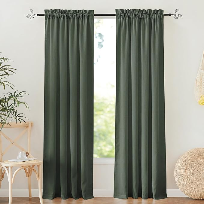 RYB HOME Linen Sheer Curtains 2 Panels for Living Room, Semi Transparent Privacy Drapes with Rod Pocket Farmhouse Style Window Treatments for Bedroom, Hunter Green, 52" W x 90" L