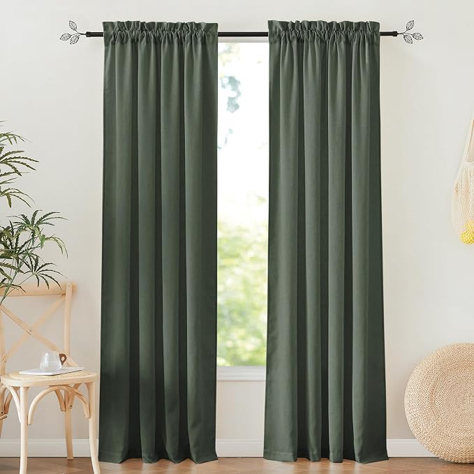 RYB HOME Linen Sheer Curtains 2 Panels for Living Room, Semi Transparent Privacy Drapes with Rod Pocket Farmhouse Style Window Treatments for Bedroom, Hunter Green, 52" W x 95" L