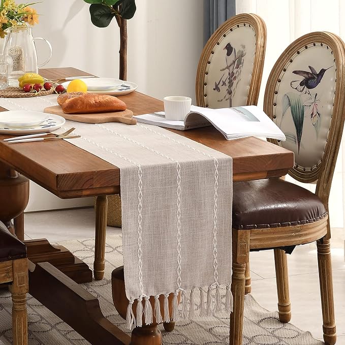 Wracra Rustic Linen Table Runner, Light Coffee Table Runners 48 inches Long | Raised Embroidered Design and Hand-Tassels;Cotton Linen Woven Fabric; Farmhouse Table Runner;Home Kitchen Dining Decor