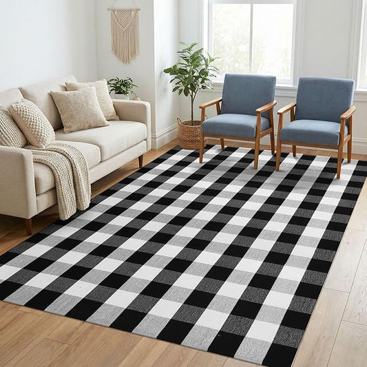 KILOCOCO Buffalo Plaid Checkered Rug 5x7 ft Black White Living Room Rug | Machine Washable Rug for Front Porch, Indoor Outdoor Rugs, Cotton Dining Room Carpet, Low Pile Farmhouse Bedroom Rug