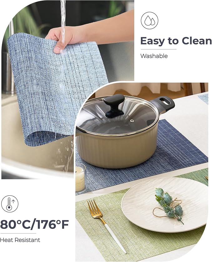 Leetaltree Gradient Blue Woven Placemats Set of 12 - Heat Resistant Non-Slip Place mats for Dining Table, Washable Durable PVC Vinyl Woven Table Mats(Gradient Blue, 12)