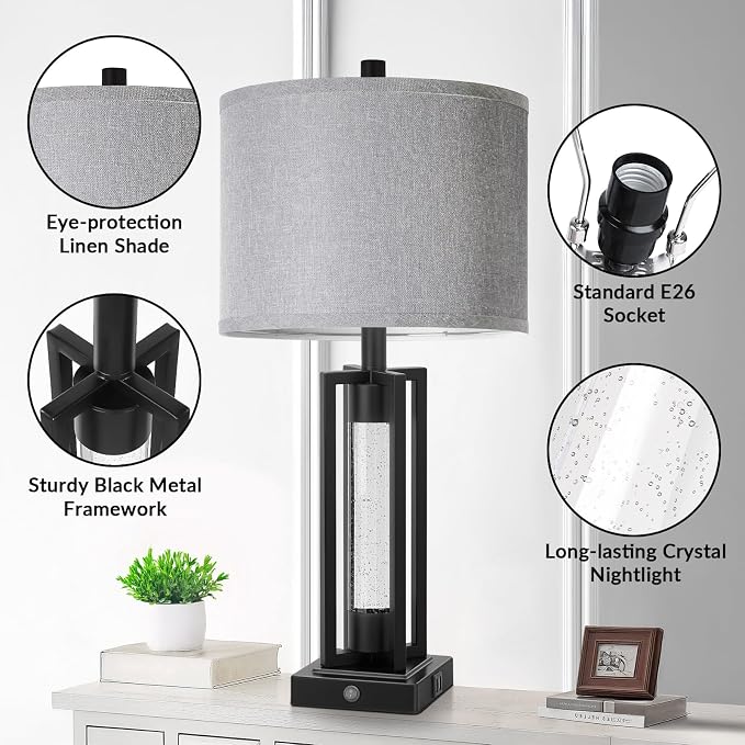 TOBUSA 26" Black Farmhouse Table Lamps Set of 2 with Crystal Night Light