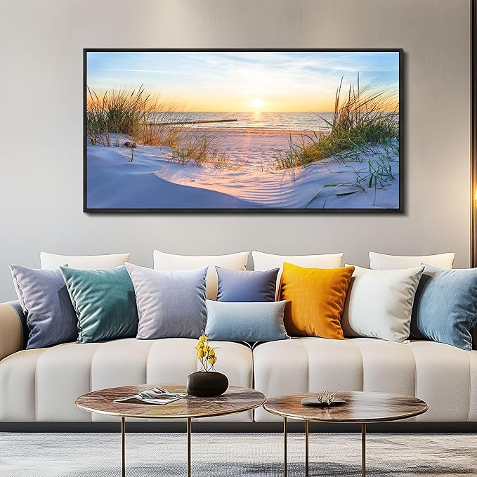 MHARTK66 Canvas Wall Art For Living Room Large Wall Decor For Office Bedroom Poster Art Prints Sun Seascape Wall Painting Blue Ocean Pictures Artwork For Walls Black Wood Framed 24" X 48"