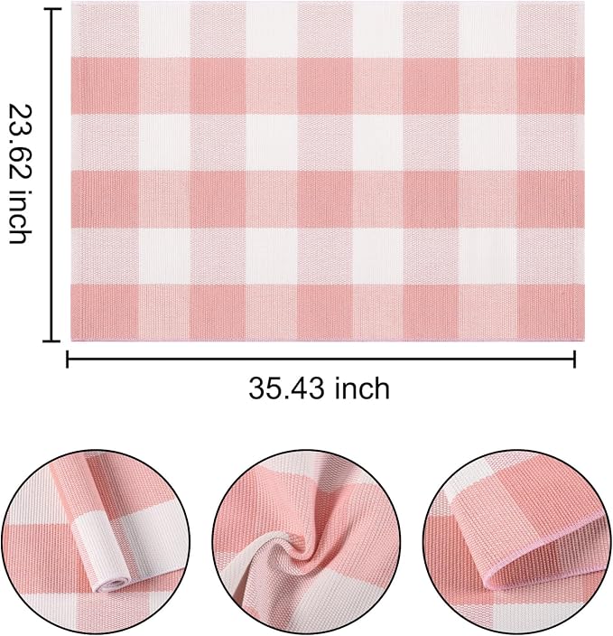 Pink and White Outdoor Rug 24''x35'' Buffalo Plaid Porch Mat Cotton Woven Machine Washable Carpet for Layered Doormat Hello/Welcome Door Mat,Kitchen,Farmhouse,Entryway